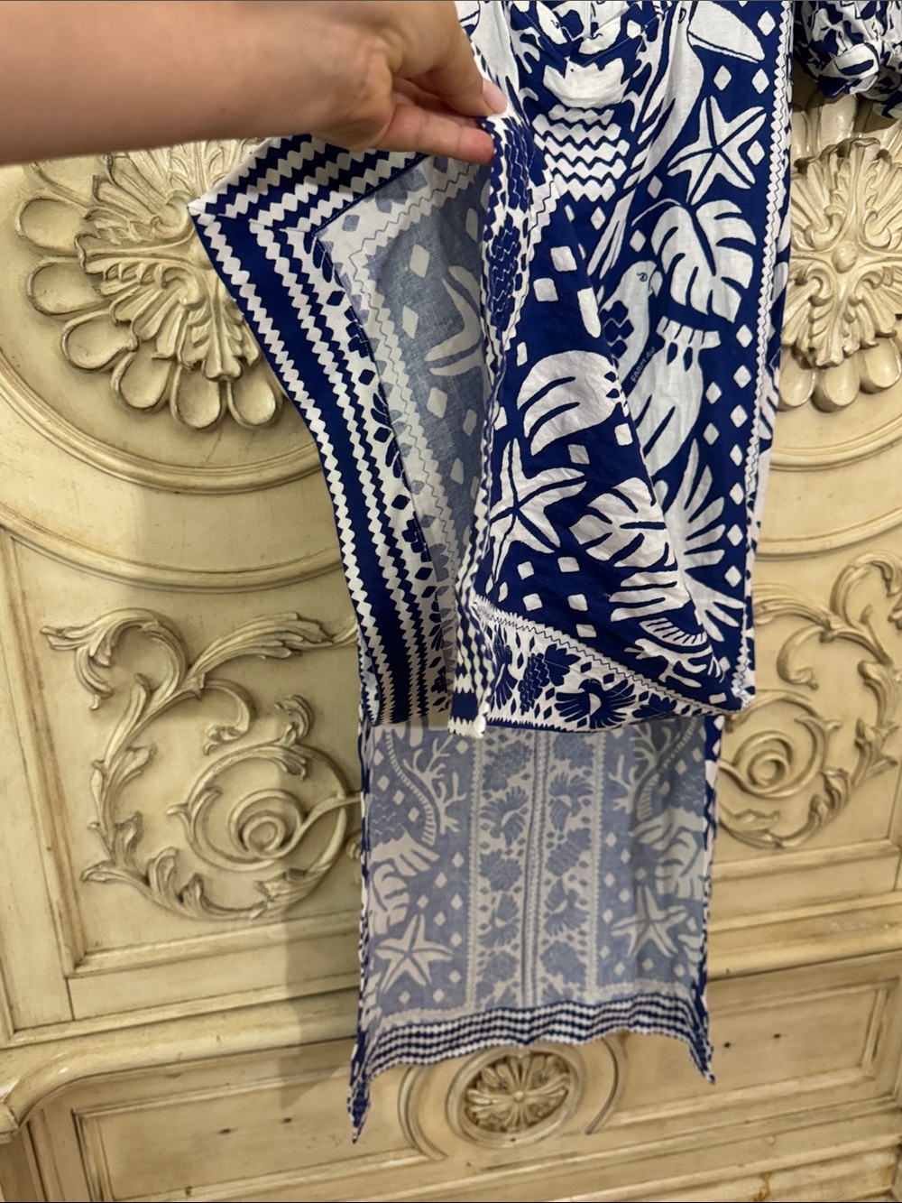 Farm Rio Jungle Scarf Puff Sleeve Cutout Linen Blend Dress In Navy Blue Size S - Picture 11 of 16